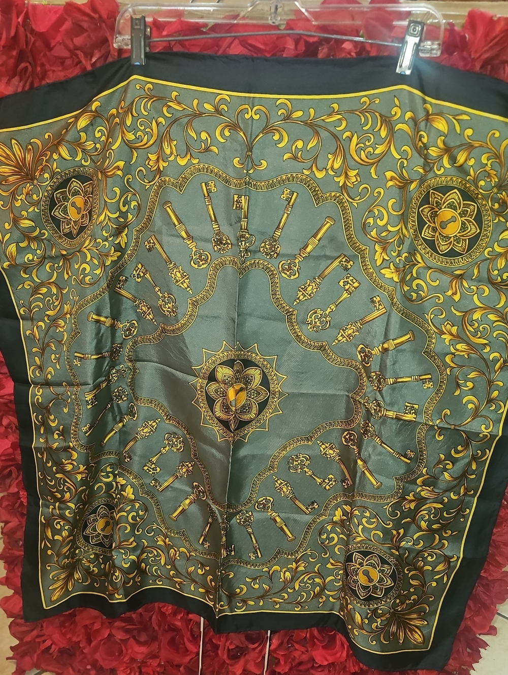 Vintage-Inspired Key & Floral Silk Scarf in Teal and Gold